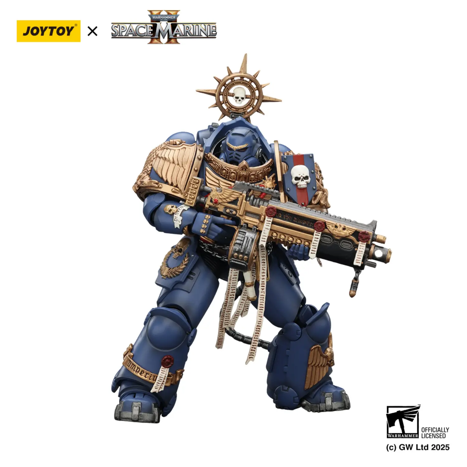 Action Figure - JOYTOY Ultramarines Heavy Relic Primus Armor with Heavy Relic Bolt Rifle 1 18 - Warhammer 40K in white background 3