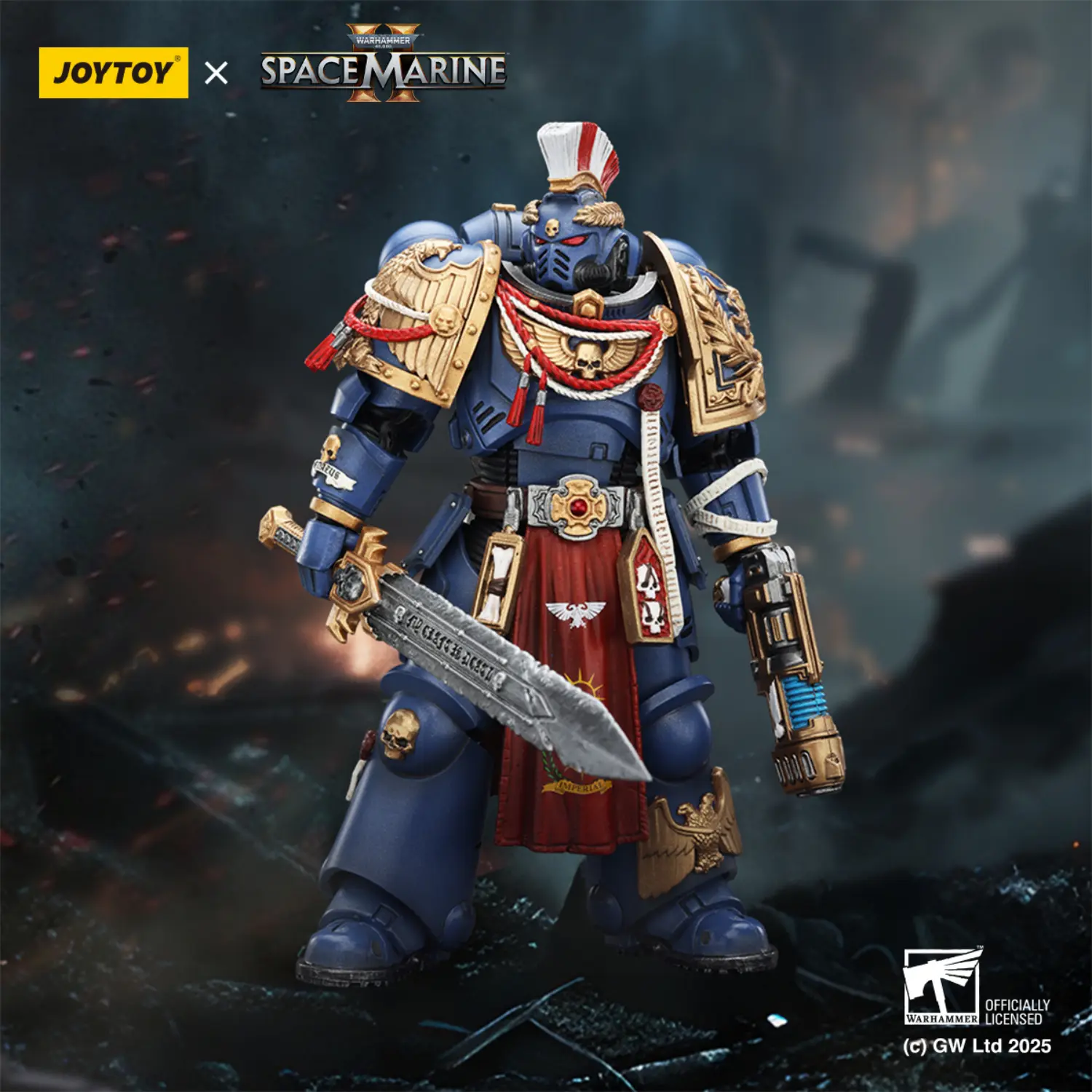 Action Figure - JOYTOY Ultramarines Relic Primus Armour with Plasma Pistol and Combat Blade 1 18 - Warhammer 40K in dark blue background Action Figure - JOYTOY Ultramarines Relic Primus Armour with Plasma Pistol and Combat Blade 1 18 - Warhammer 40K in dark blue background