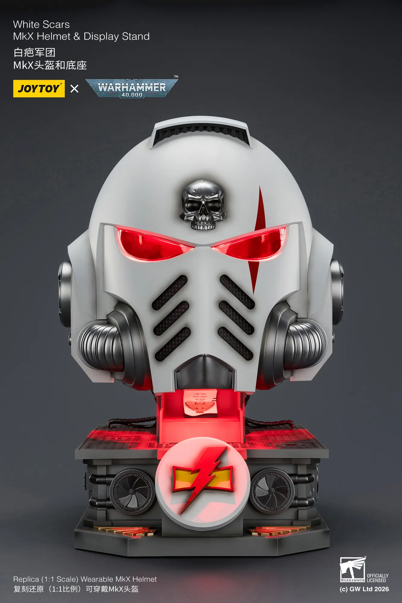 Action Figure - JOYTOY White Scars MkX Helmet & Display Stand 1 1 Life-Size Replica with red lighitng - Warhammer 40K rentangle image 1 Action Figure - JOYTOY White Scars MkX Helmet & Display Stand 1 1 Life-Size Replica with red lighitng - Warhammer 40K rentangle image 1