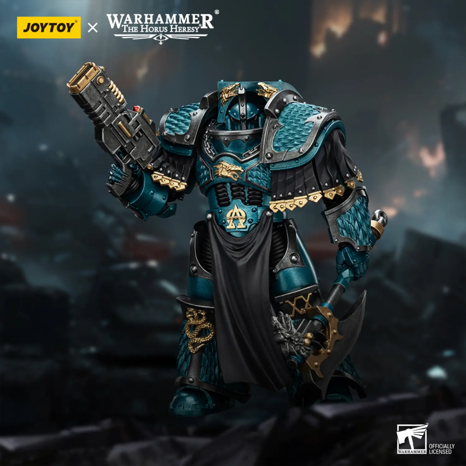 Action Figure - JoyToy Alpha Legion Lernaean Terminator with Volkite Charger 1 18 - Warhammer The Horus Heresy in dark background Action Figure - JoyToy Alpha Legion Lernaean Terminator with Volkite Charger 1 18 - Warhammer The Horus Heresy in dark background