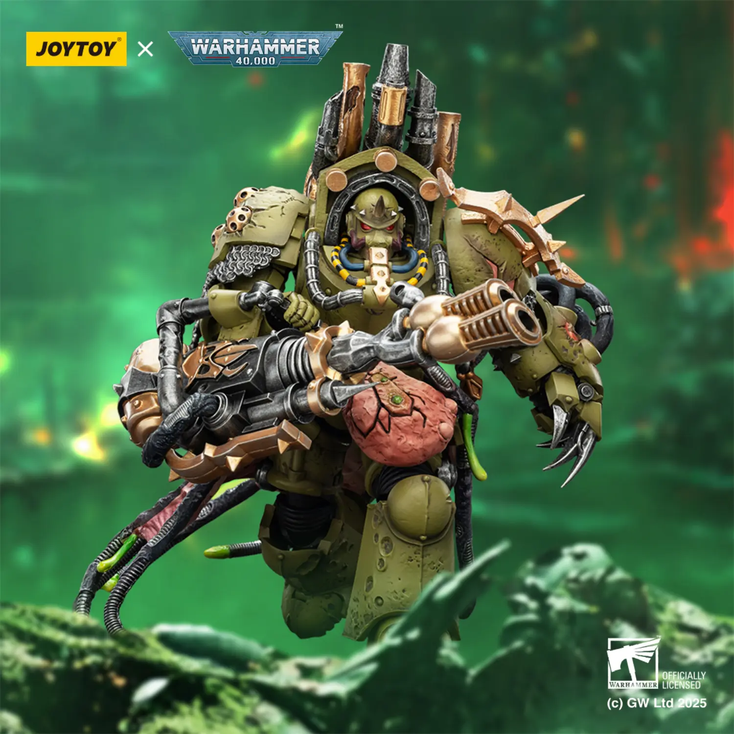 Action Figure - JoyToy Death Guard Lord of Virulence with Power Fist and Twin Plague Spewer 1 18 - Warhammer 40K in green background Action Figure - JoyToy Death Guard Lord of Virulence with Power Fist and Twin Plague Spewer 1 18 - Warhammer 40K in green background