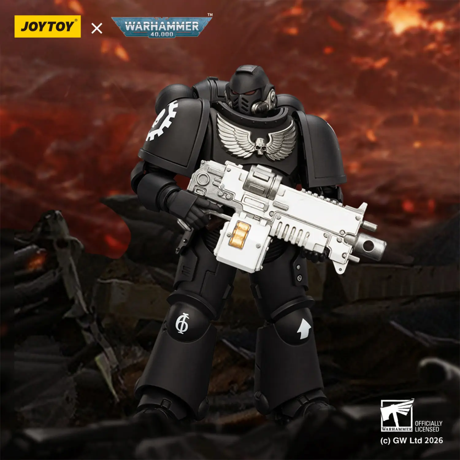 Action Figure - JoyToy Iron Hands Intercessor with Bolt Rifle, Bolt Pistol and Chainsword 1 18 - Warhammer 40K in dark red background