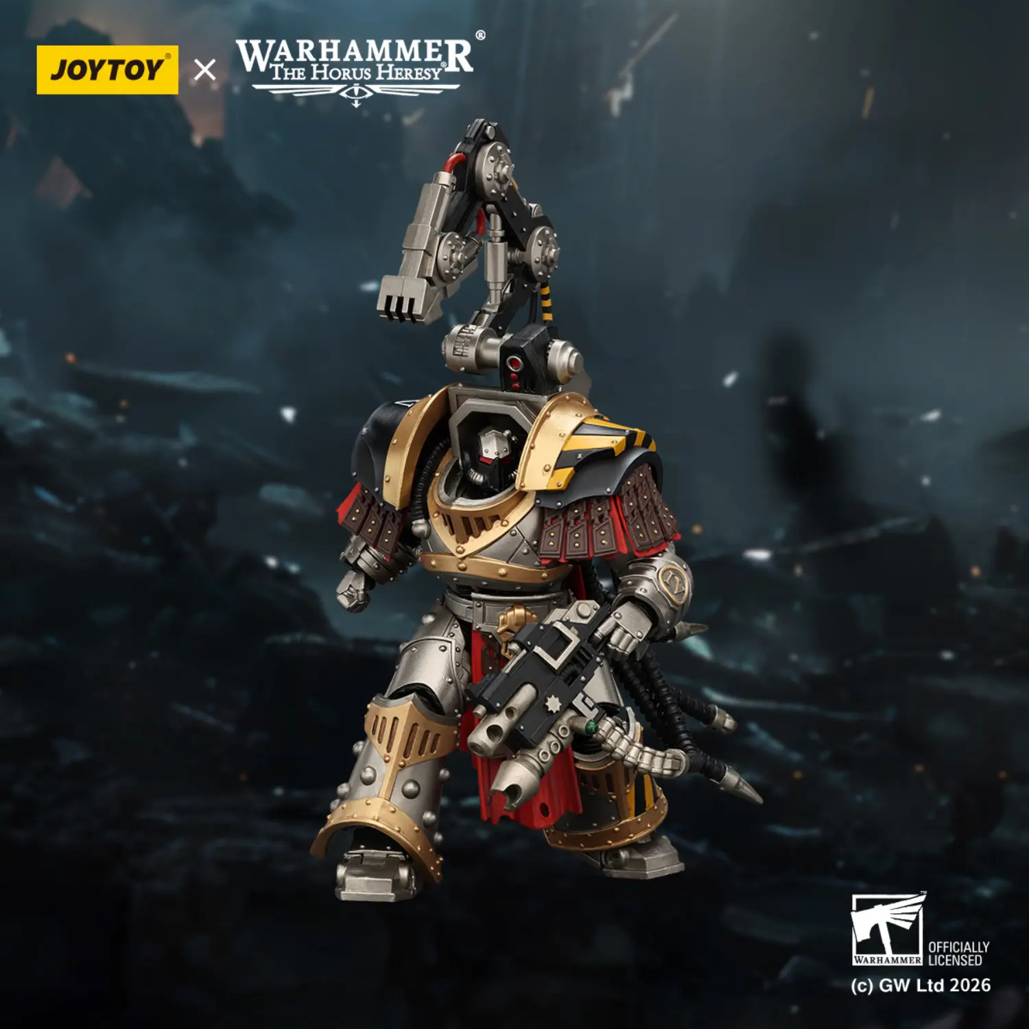 Action Figure - JoyToy Iron Warriors Warsmith with Graviton Crusher Hammer 1 18 - Warhammer The Horus Heresy in dark blue background