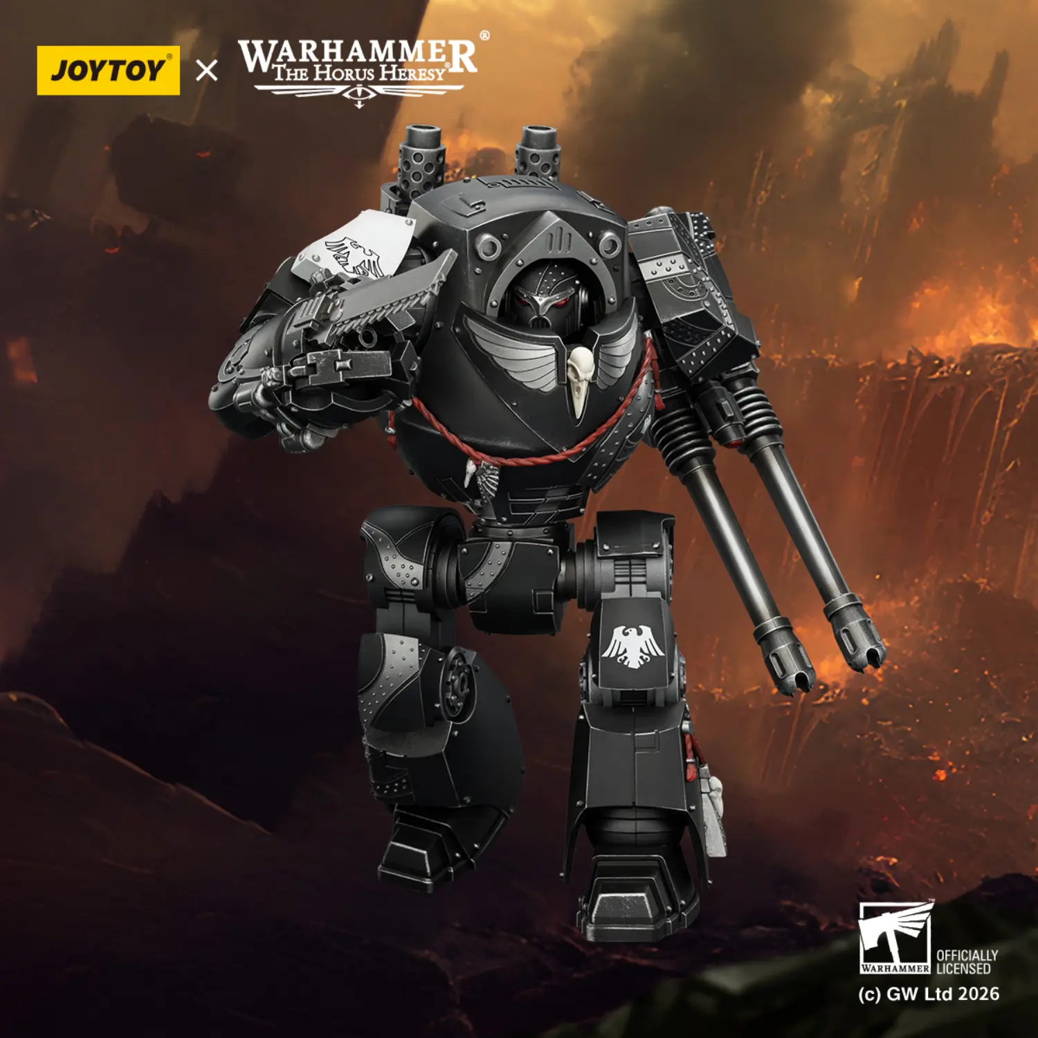 Action Figure - JoyToy Raven Guard Contemptor Dreadnought with Gravis Autocannon and Chainfist 1 18 - Warhammer The Horus Heresy in dark red background