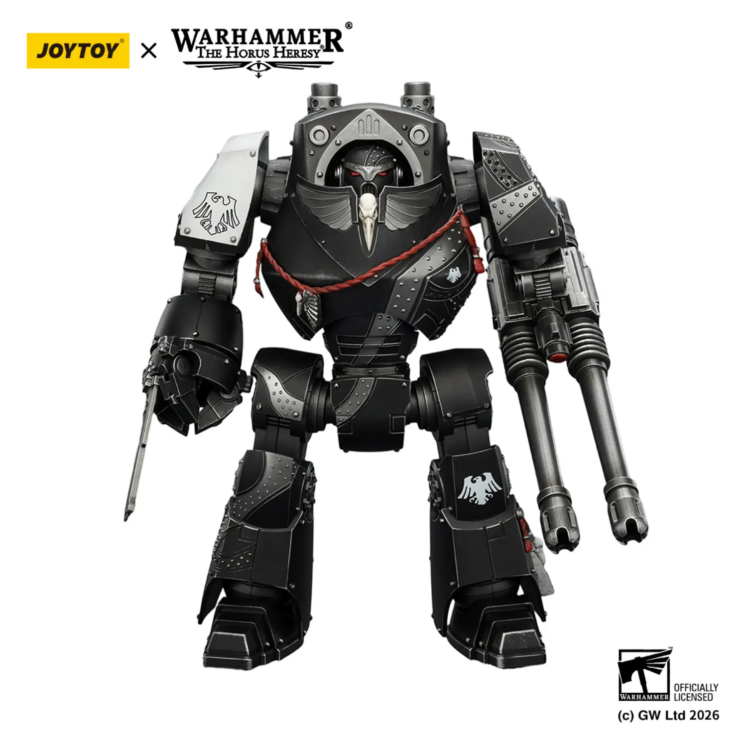 Action Figure - JoyToy Raven Guard Contemptor Dreadnought with Gravis Autocannon and Chainfist 1 18 - Warhammer The Horus Heresy in white background