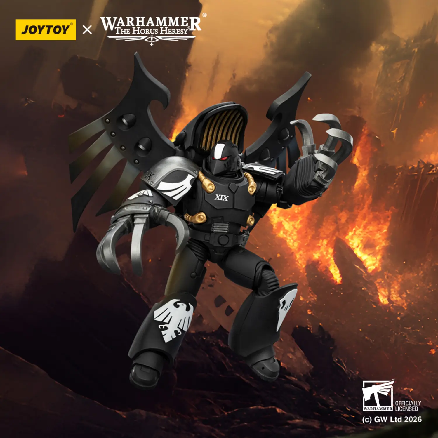 Action Figure - JoyToy Raven Guard Dark Fury, Chooser of the Slain with Raven_s Talon claws 1 18 - Warhammer The Horus Heresy in dark red background