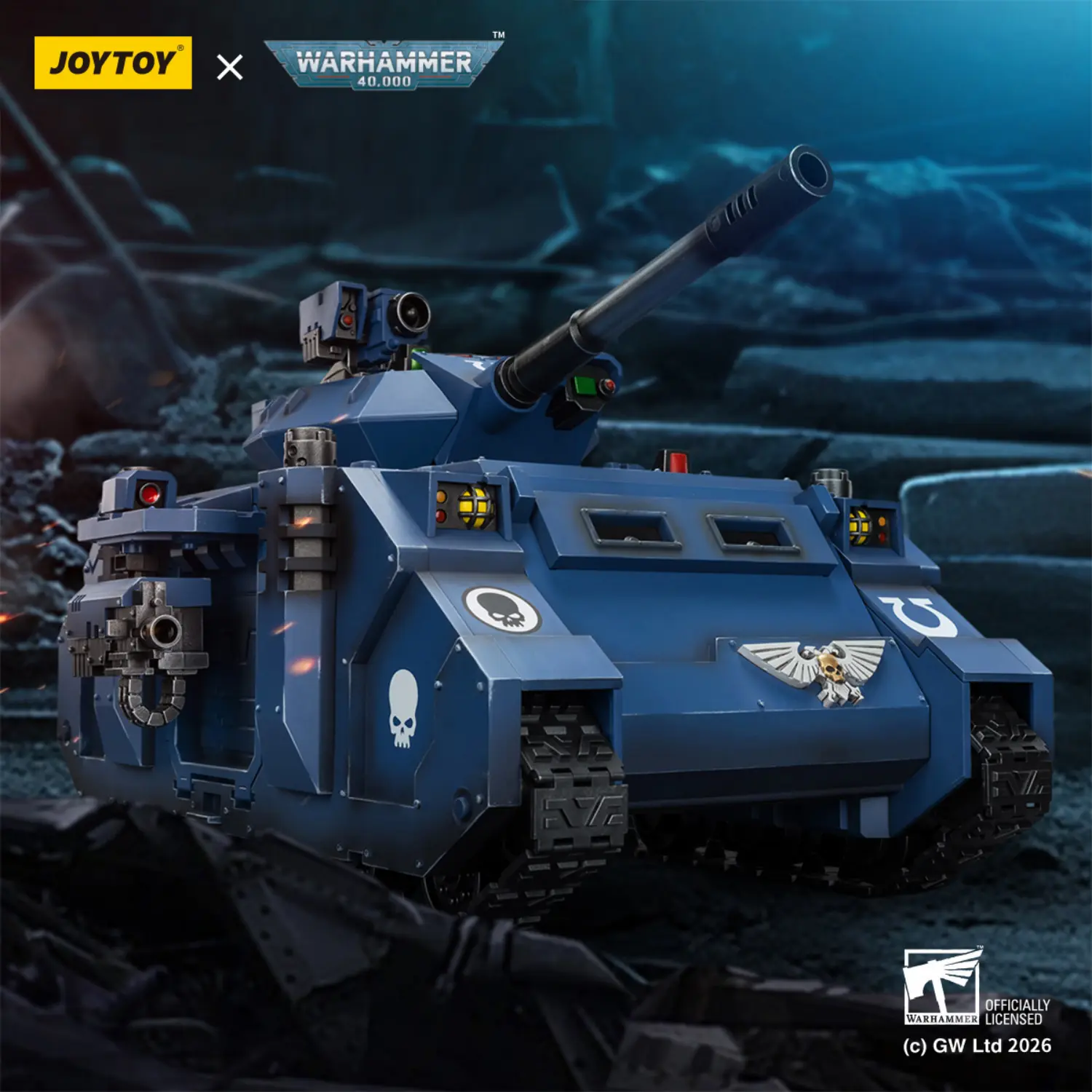 Action Figure - JoyToy Ultramarines Predator Destructor Tank with Turret-mounted Autocannon and Sponson-mounted Heavy Bolters 1 18 - Warhammer 40K Vehicle in dark blue background
