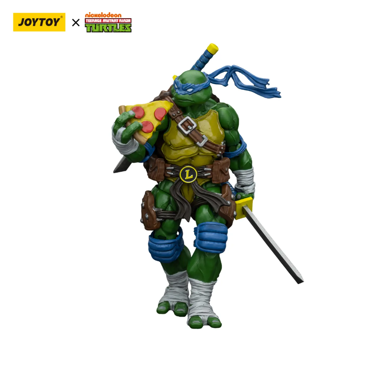 Action Figure - Leonardo TMNT Nickelodeon 1 18 - JOYTOY Teenage Mutant Ninja Turtles eating pizza in white background
