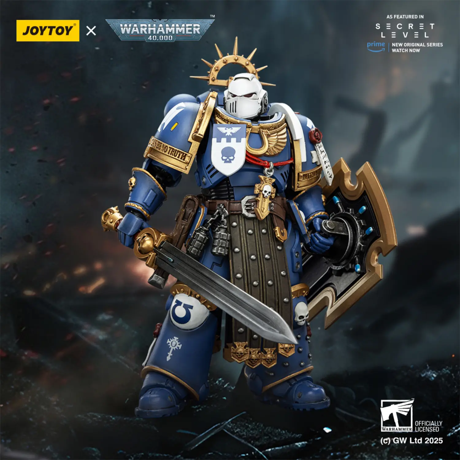 Action Figure - Ultramarines Torvald with Power Sword, Stormshield and Bolt Pistol 1 18 - JOYTOY Warhammer 40K in dark blue battle fields background Action Figure Ultramarines Torvald With Power Sword, Stormshield And Bolt Pistol 1 18 Joytoy Warhammer 40k In Dark Blue Battle Fields Background