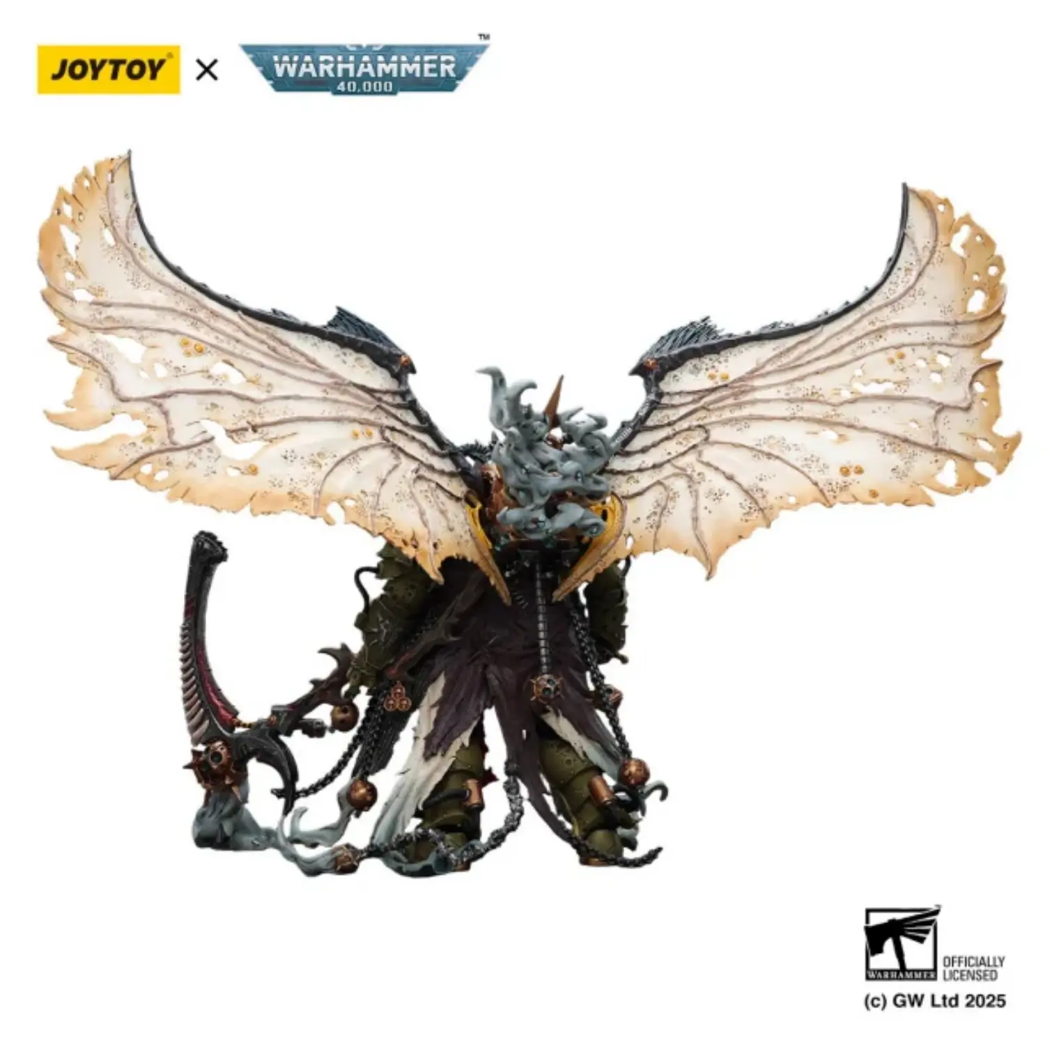 The Back Of Action Figure Chaos Space Marines Death Guard Mortarion, Daemon Primarch Of Nurgle With Ancient Weapons 'the Lantern' And 'silence' 1 18 Joytoy Warhammer 40k In White Background