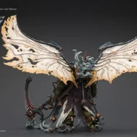 The Back Of Action Figure Chaos Space Marines Death Guard Mortarion, Daemon Primarch Of Nurgle With Ancient Weapons 'the Lantern' And 'silence' 1 18 Joytoy Warhammer 40k Rectangle Image