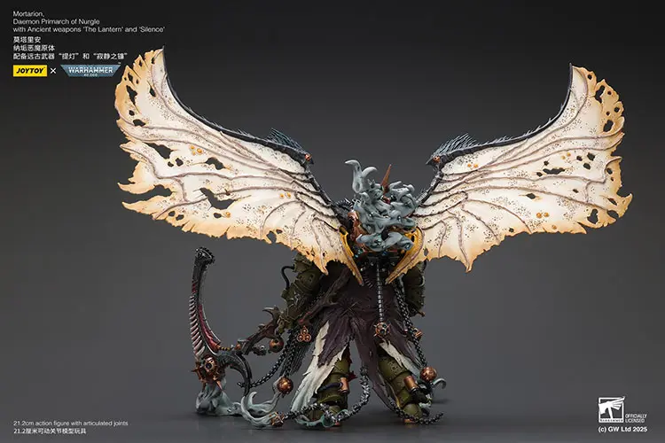 The Back Of Action Figure Chaos Space Marines Death Guard Mortarion, Daemon Primarch Of Nurgle With Ancient Weapons 'the Lantern' And 'silence' 1 18 Joytoy Warhammer 40k Rectangle Image