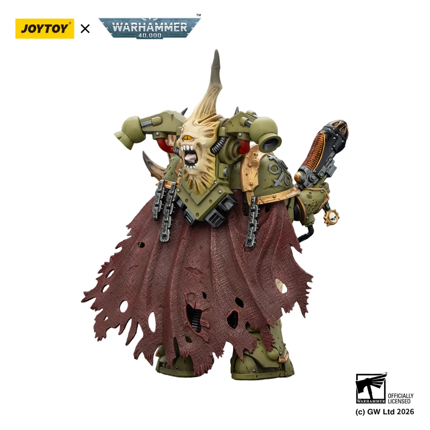 The Back Of Action Figure Chaos Space Marines Death Guard Plague Marine Champion With Plasma Pistol And Power Fist 1 18 Joytoy Warhammer 40k In White Background