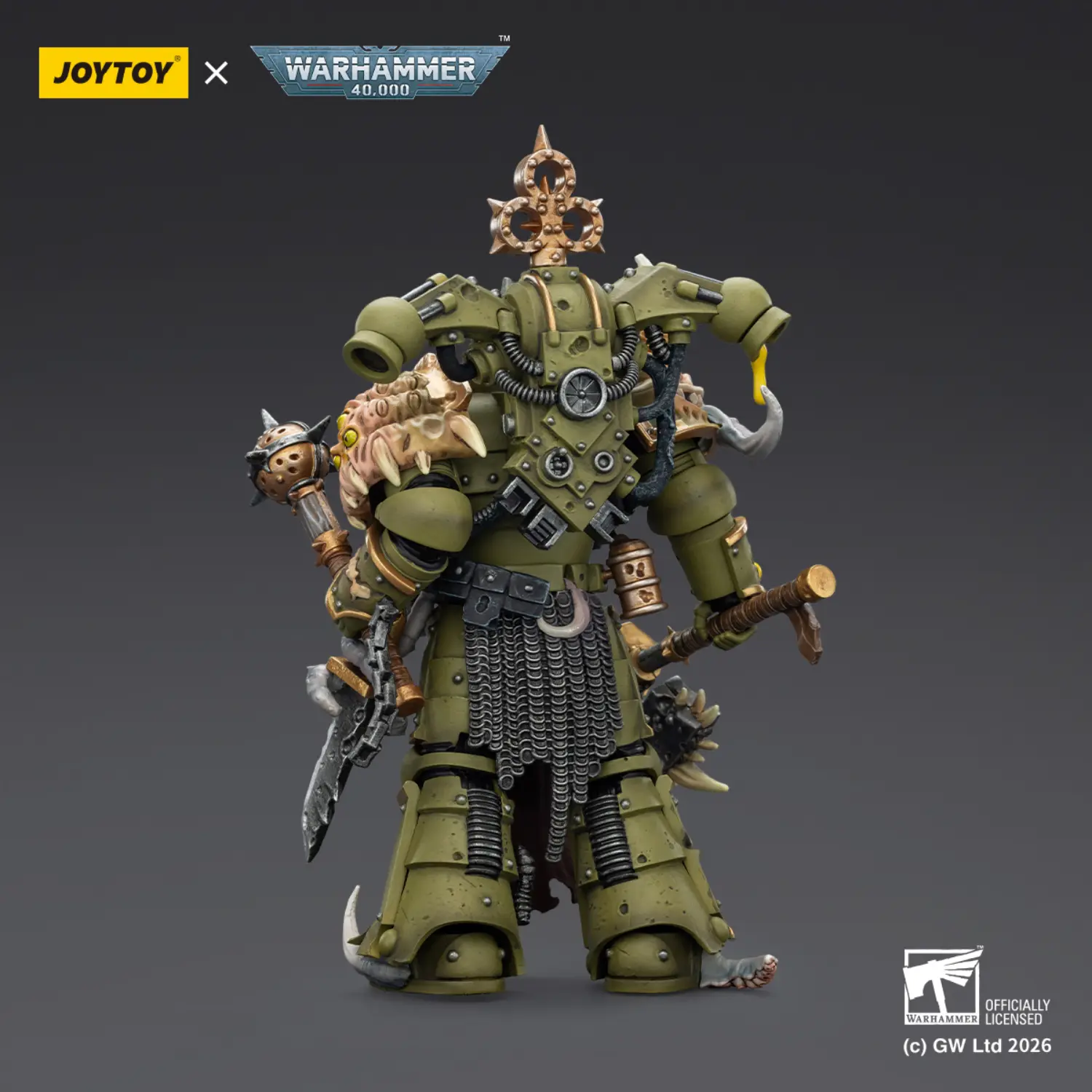 the back of Action Figure - Chaos Space Marines Death Guard Plague Marine (with Bubotic Axe and Plague Weapons) 1 18 - JOYTOY Warhammer 40K The Back Of Action Figure Chaos Space Marines Death Guard Plague Marine (with Bubotic Axe And Plague Weapons) 1 18 Joytoy Warhammer 40k