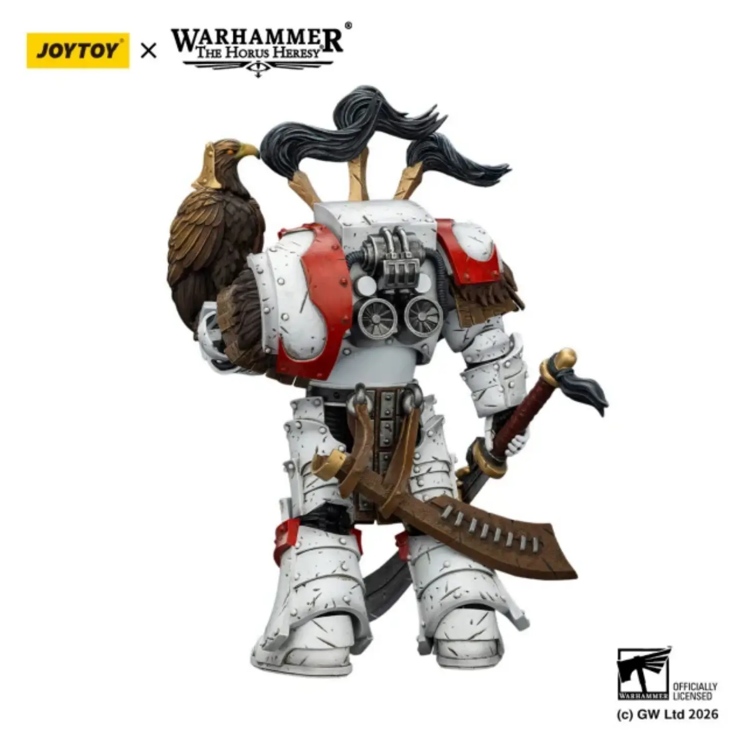 the back of Action Figure - White Scars Legion Praetor in Cataphractii Terminator Armour 1 18 - JOYTOY Warhammer 40K in white background The Back Of Action Figure White Scars Legion Praetor In Cataphractii Terminator Armour 1 18 Joytoy Warhammer 40k In White Background