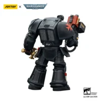 the back of the Action Figure - Black Templars Terminator 1 with Power Sword and Storm Bolter 1 18 - JOYTOY Warhammer 40K in white background the back of the Action Figure - Black Templars Terminator 1 with Power Sword and Storm Bolter 1 18 - JOYTOY Warhammer 40K in white background