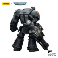 the back of the Action Figure - Black Templars Terminator 3 with Power Fist and Assault Cannon 1 18 - JOYTOY Warhammer 40K in white background the back of the Action Figure - Black Templars Terminator 3 with Power Fist and Assault Cannon 1 18 - JOYTOY Warhammer 40K in white background
