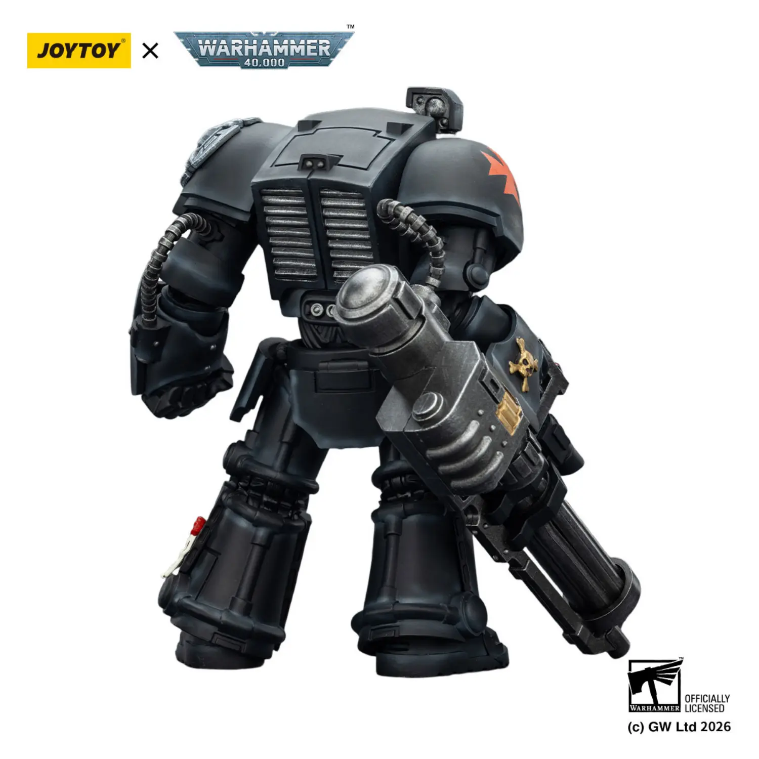 the back of the Action Figure - Black Templars Terminator 3 with Power Fist and Assault Cannon 1 18 - JOYTOY Warhammer 40K in white background the back of the Action Figure - Black Templars Terminator 3 with Power Fist and Assault Cannon 1 18 - JOYTOY Warhammer 40K in white background
