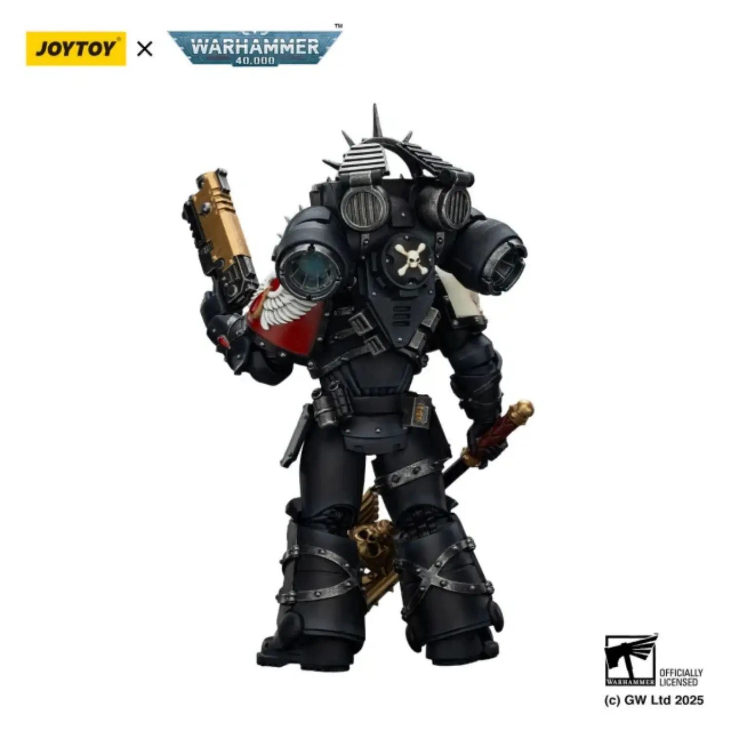 The Back Of The Action Figure Blood Angels Lemartes With Jump Pack, Blood Crozius And Absolver Bolt Pistol 1 18 Joytoy Warhammer 40k In Whtie Background