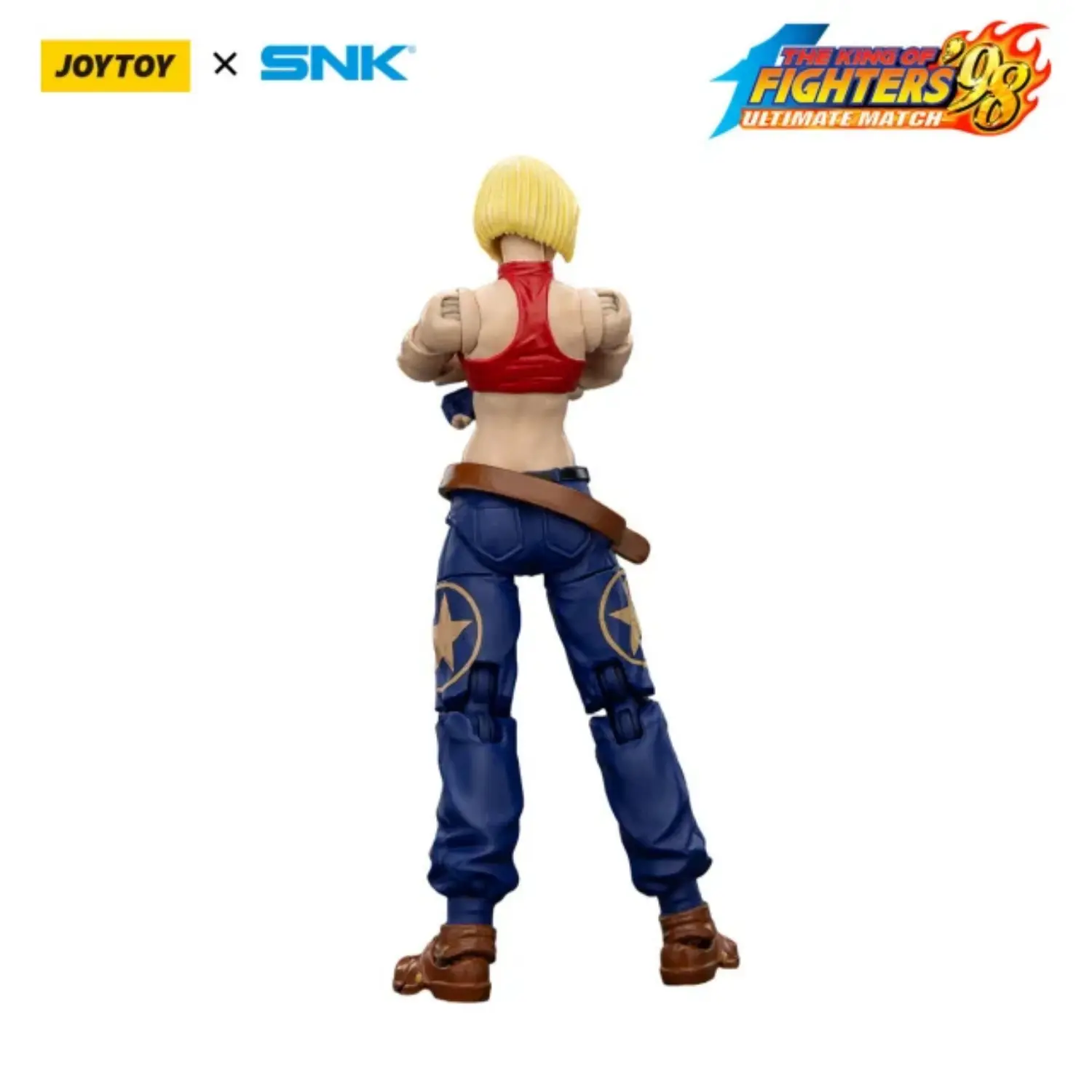 the back of the Action Figure - Blue Mary KOF _98 UM 97 Special Team Team SNK 1 18 - JOYTOY The King of Fighters in white background Action Figure - Blue Mary KOF '98 UM 97 Special Team SNK 1/18 - JOYTOY The King of Fighters