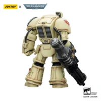 the back of the Action Figure - Dark Angels Deathwing Terminator 3 with Power Fist and Assault Cannon 1 18 - JOYTOY Warhammer 40K in white background