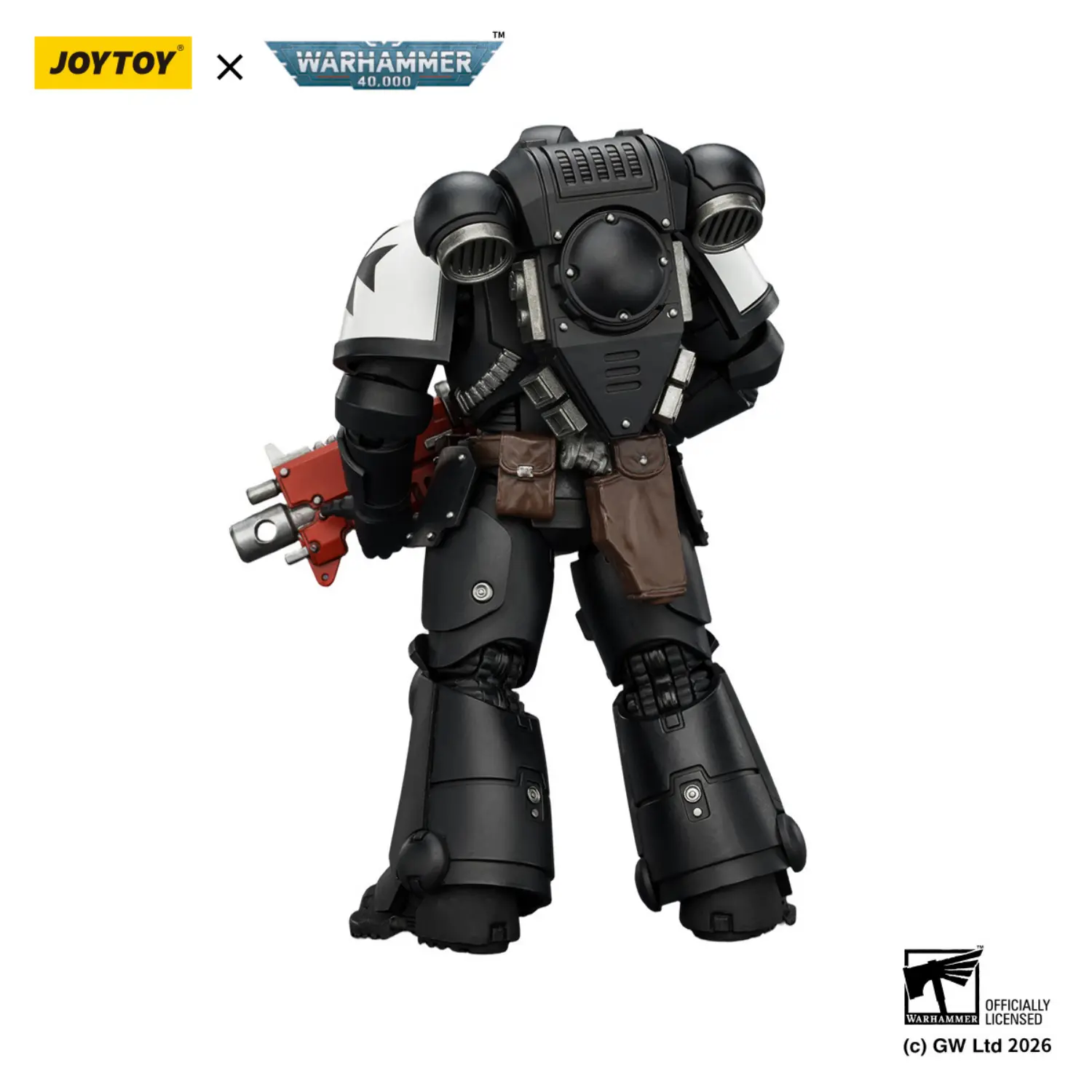the back of the Action Figure - JOYTOY Black Templars Intercessor with Bolt Rifle, Bolt Pistol and Chainsword 1 18 - Warhammer 40K in white background