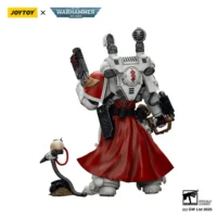 the back of the Action Figure - JOYTOY Blood Angels Sanguinary Priest with Heavy Bolt Pistol, Chainsword and Narthecium 1 18 - Warhammer 40K in white background