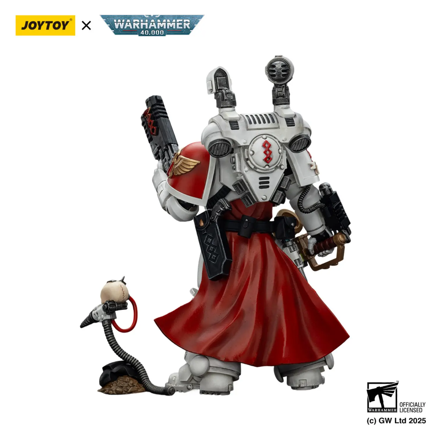 the back of the Action Figure - JOYTOY Blood Angels Sanguinary Priest with Heavy Bolt Pistol, Chainsword and Narthecium 1 18 - Warhammer 40K in white background