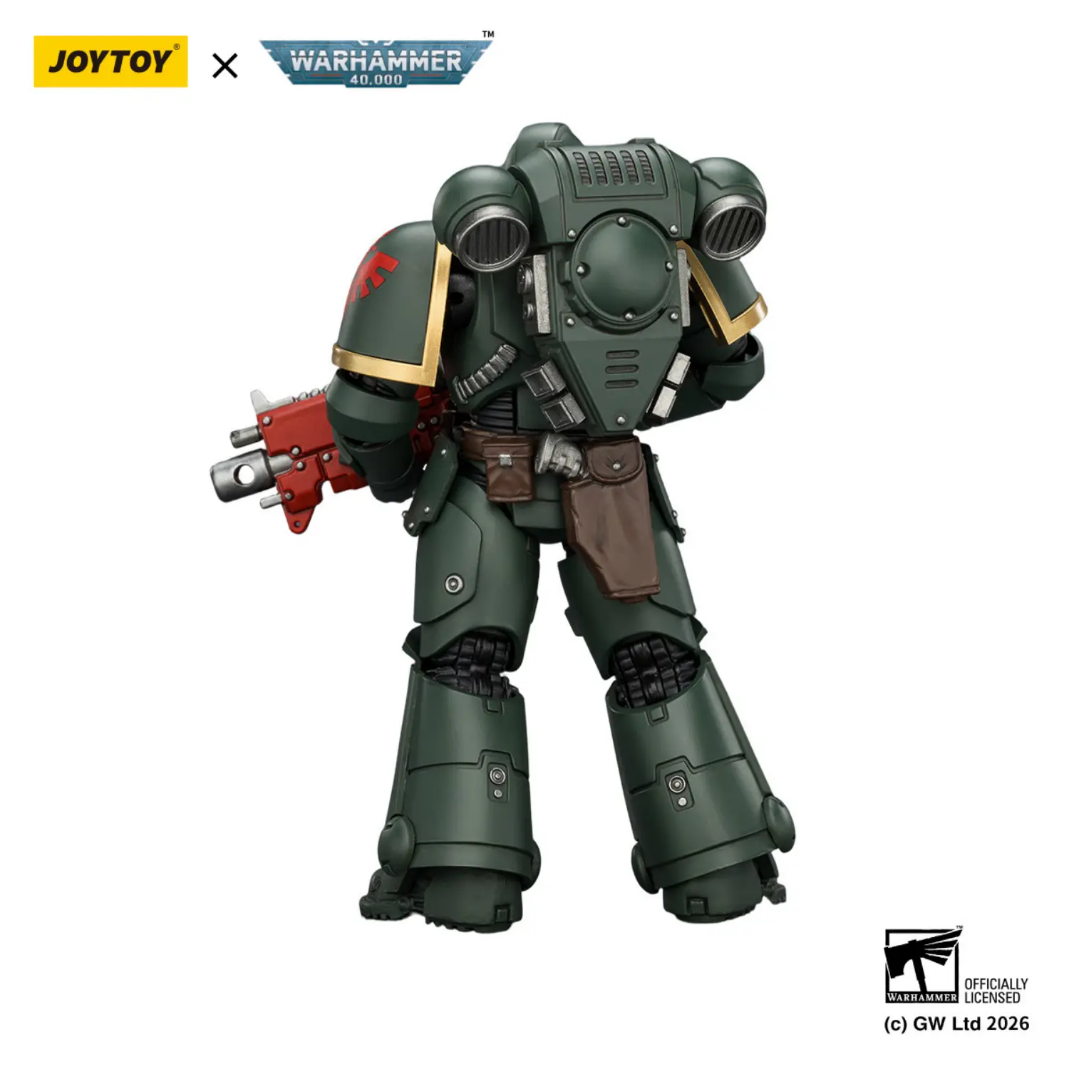 the back of the Action Figure - JOYTOY Dark Angels Intercessor with Bolt Rifle, Bolt Pistol and Chainsword 1 18 - Warhammer 40K in white background