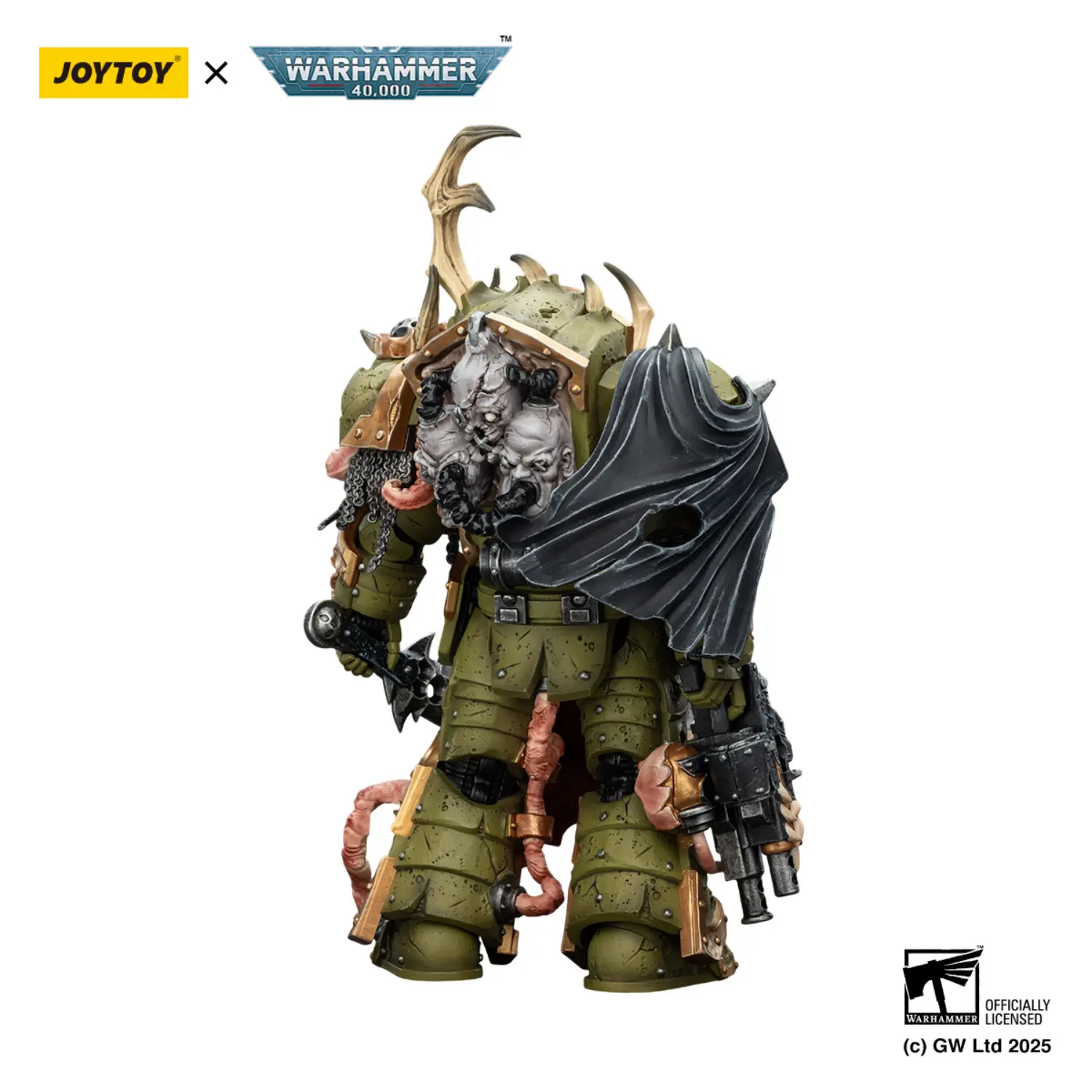 the back of the Action Figure - JOYTOY Death Guard Blightlord Terminator with Combi-bolter and Bubotic Blade 1 18 - Warhammer 40K in white background