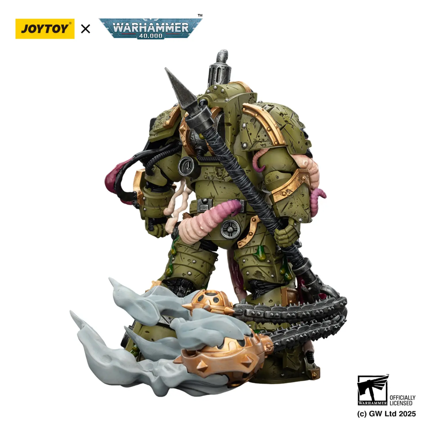 the back of the Action Figure - JOYTOY Death Guard Blightlord Terminator with Flail of Corruption 1 18 - Warhammer 40K in white background the back of the Action Figure - JOYTOY Death Guard Blightlord Terminator with Flail of Corruption 1 18 - Warhammer 40K in white background
