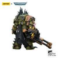 the back of the Action Figure - JOYTOY Death Guard Blightlord Terminator with Reaper Autocannon and Bubotic Blades 1 18 - Warhammer 40K in white background the back of the Action Figure - JOYTOY Death Guard Blightlord Terminator with Reaper Autocannon and Bubotic Blades 1 18 - Warhammer 40K in white background