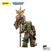 the back of the Action Figure - JOYTOY Death Guard Plague Marine Icon bearer with Boltgun and Plague knife 1 18 - Warhammer 40K in white background
