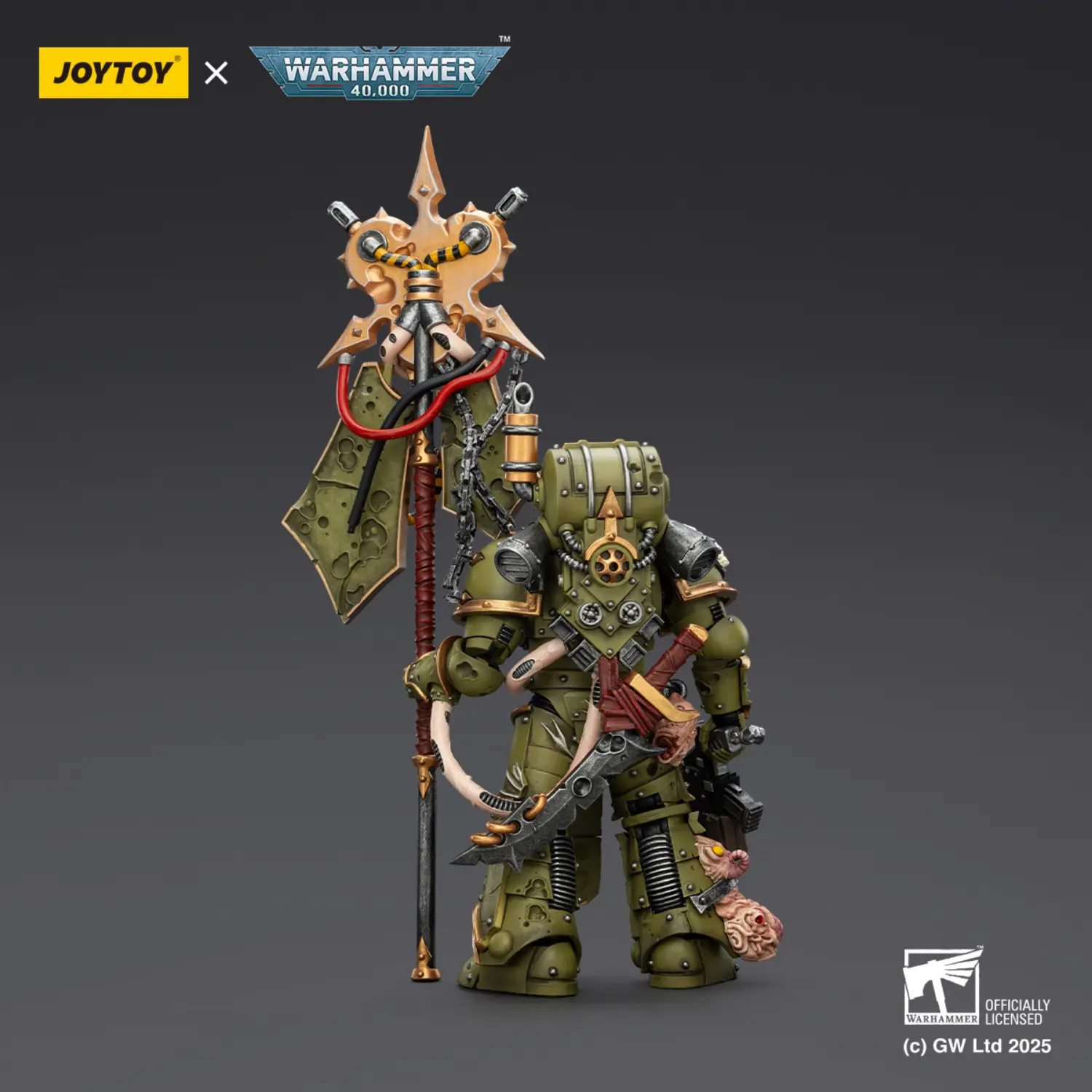 the back of the Action Figure - JOYTOY Death Guard Plague Marine Icon bearer with Boltgun and Plague knife 1 18 - Warhammer 40K