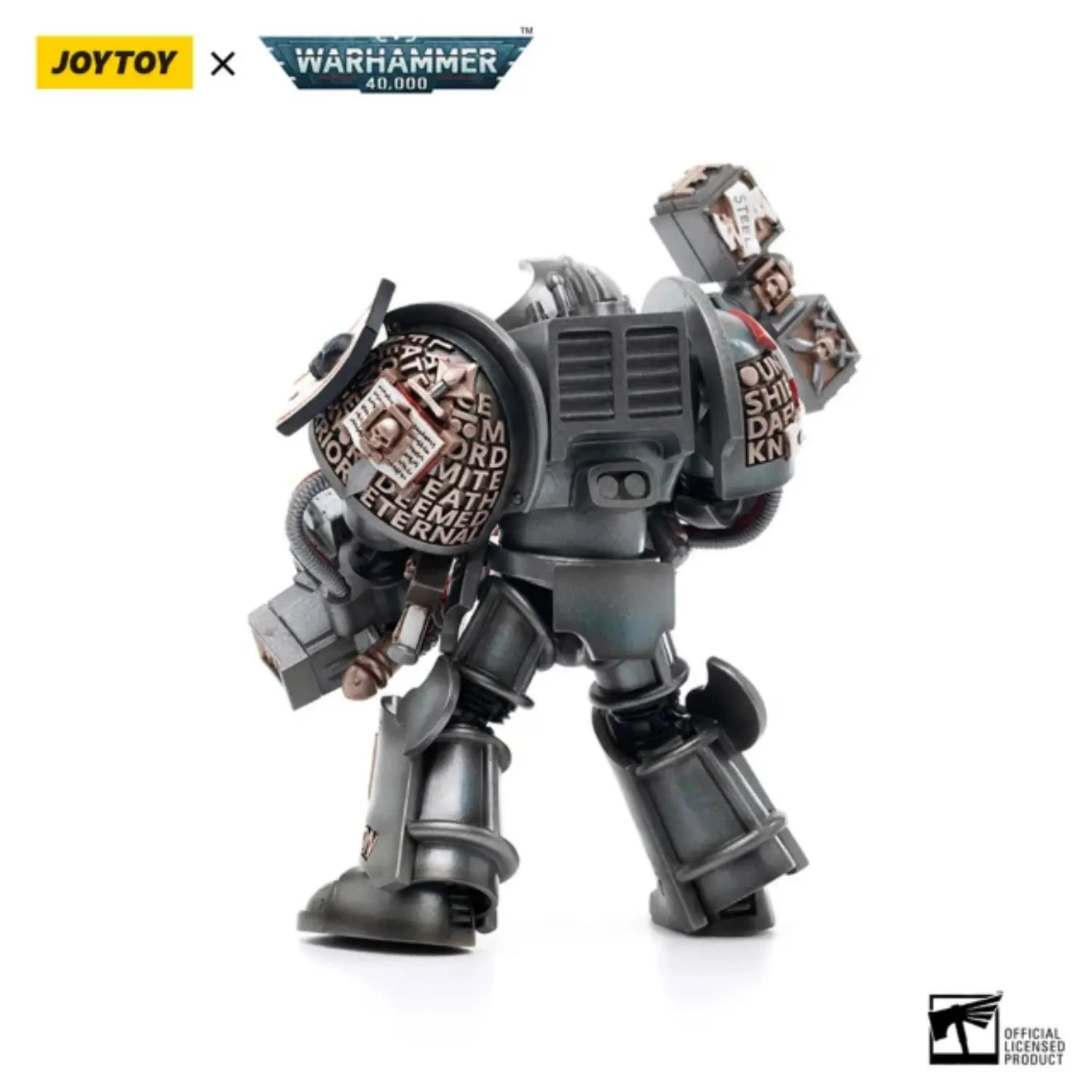 the back of the Action Figure - JOYTOY Grey Knights Terminator Caddon Vibova 1 18 - Warhammer 40K in white background the back of the Action Figure - JOYTOY Grey Knights Terminator Caddon Vibova 1 18 - Warhammer 40K in white background