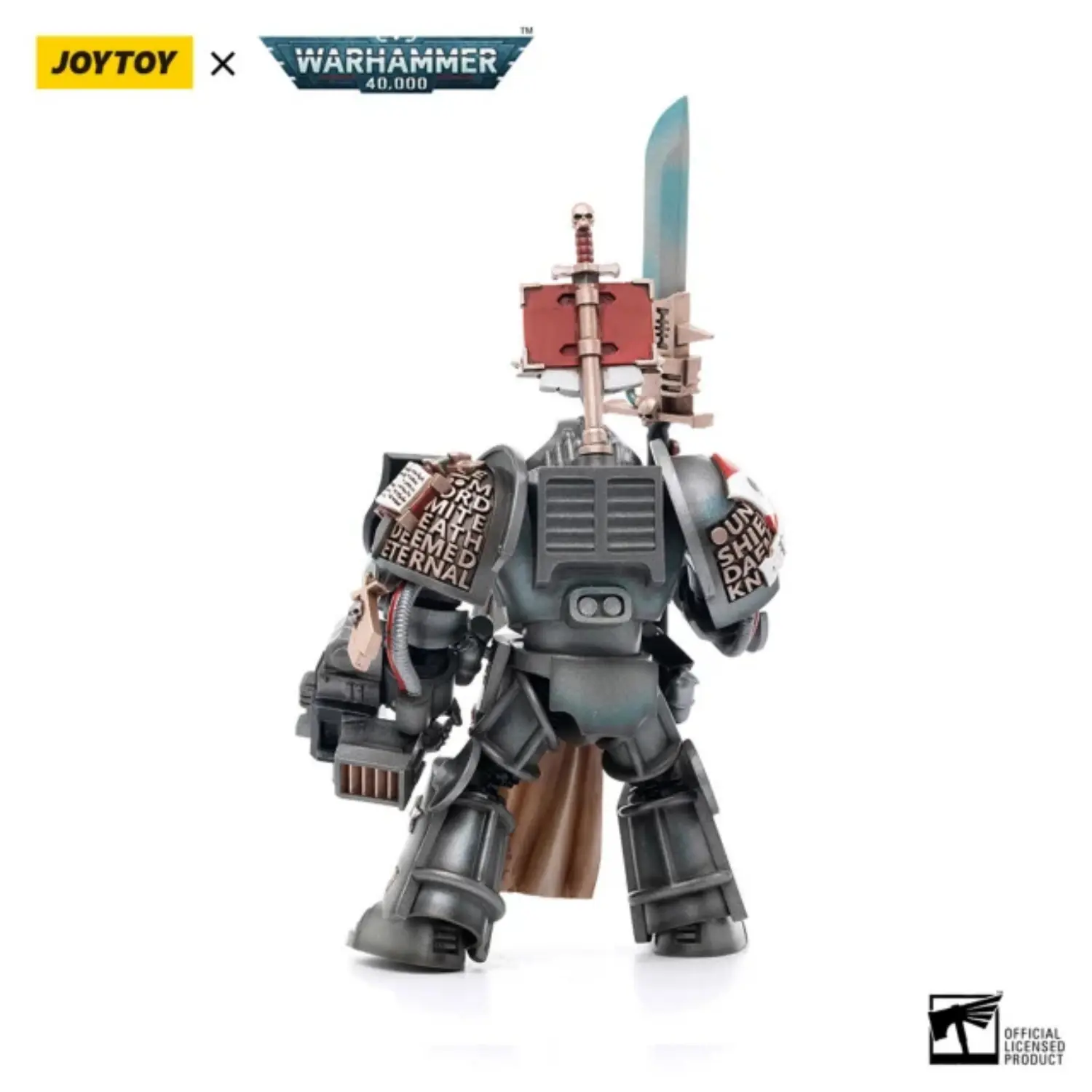 the back of the Action Figure - JOYTOY Grey Knights Terminator Jaric Thule 1 18 - Warhammer 40K in white background the back of the Action Figure - JOYTOY Grey Knights Terminator Jaric Thule 1 18 - Warhammer 40K in white background
