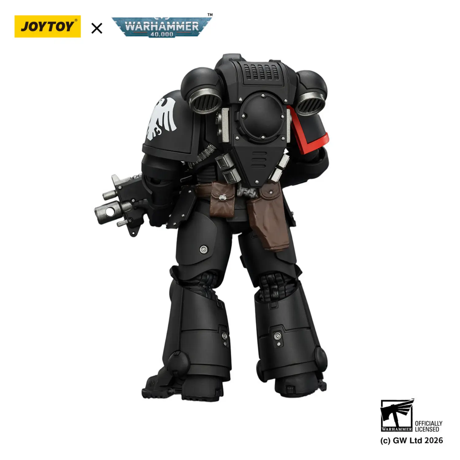 the back of the Action Figure - JOYTOY Raven Guard Intercessor with Bolt Rifle, Bolt Pistol, and Chainsword 1 18 - Warhammer 40K in white background
