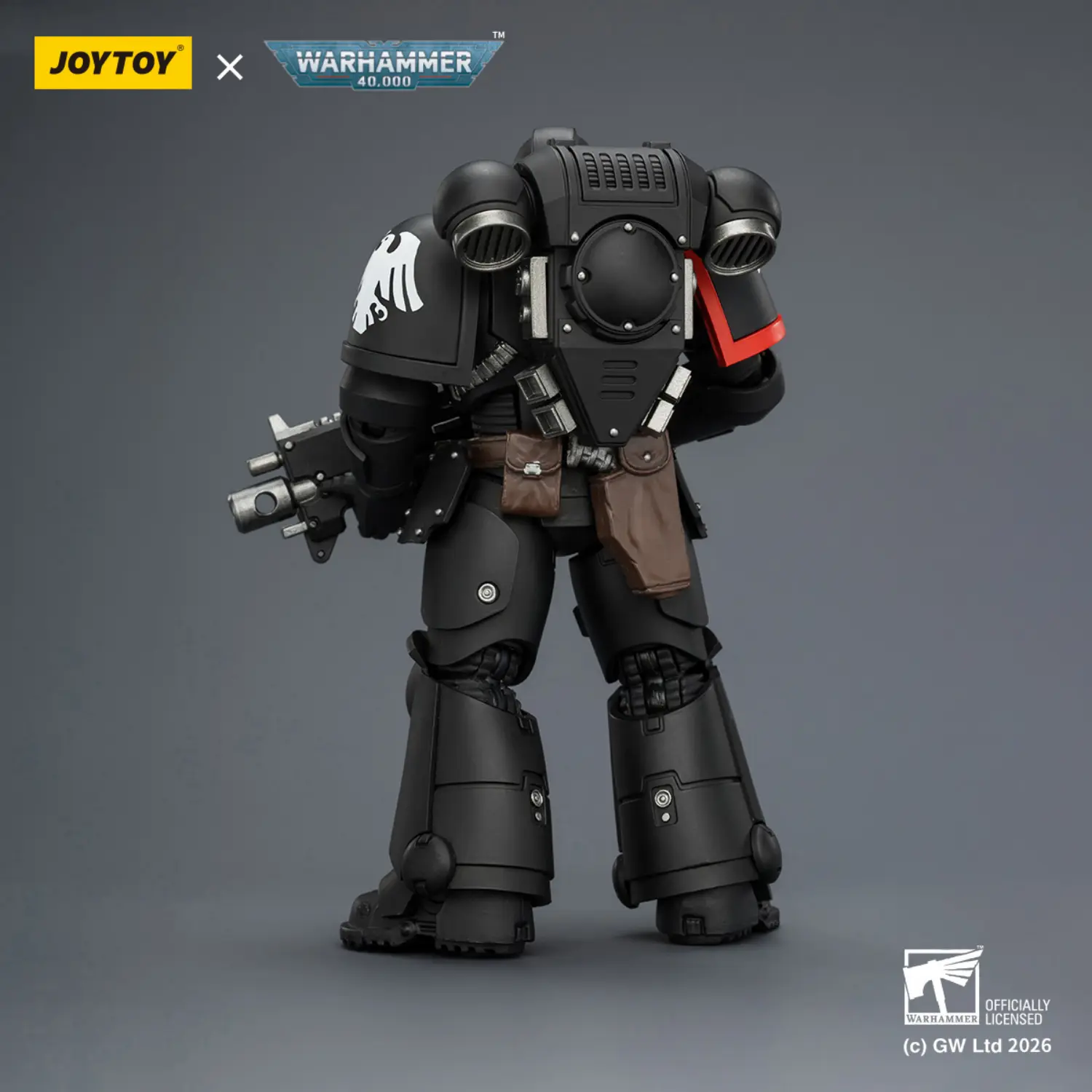 the back of the Action Figure - JOYTOY Raven Guard Intercessor with Bolt Rifle, Bolt Pistol, and Chainsword 1 18 - Warhammer 40K