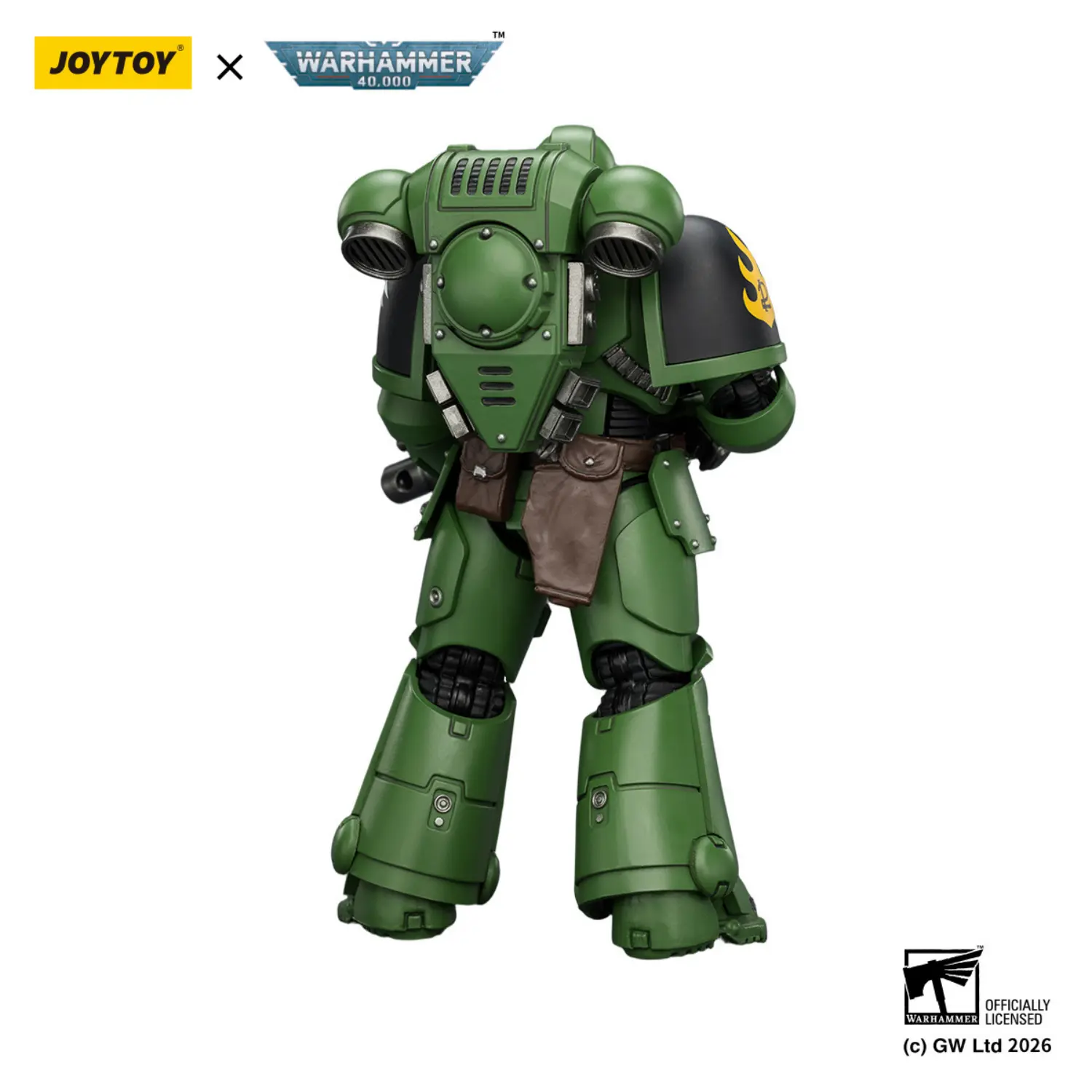 the back of the Action Figure - JOYTOY Salamanders Intercessor with Bolt Rifle, Bolt Pistol and Chainsword 1 18 - Warhammer 40K in white background the back of the Action Figure - JOYTOY Salamanders Intercessor with Bolt Rifle, Bolt Pistol and Chainsword 1 18 - Warhammer 40K in white background