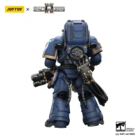 the back of the Action Figure - JOYTOY Ultramarines Heavy Artificer Armor with Relic Multi-Melta 1 18 - Warhammer 40K in white background