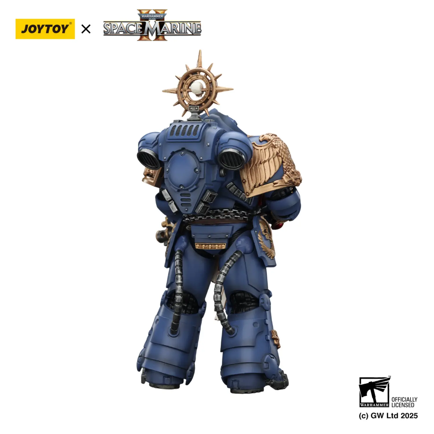the back of the Action Figure - JOYTOY Ultramarines Heavy Relic Primus Armor with Heavy Relic Bolt Rifle 1 18 - Warhammer 40K in white background