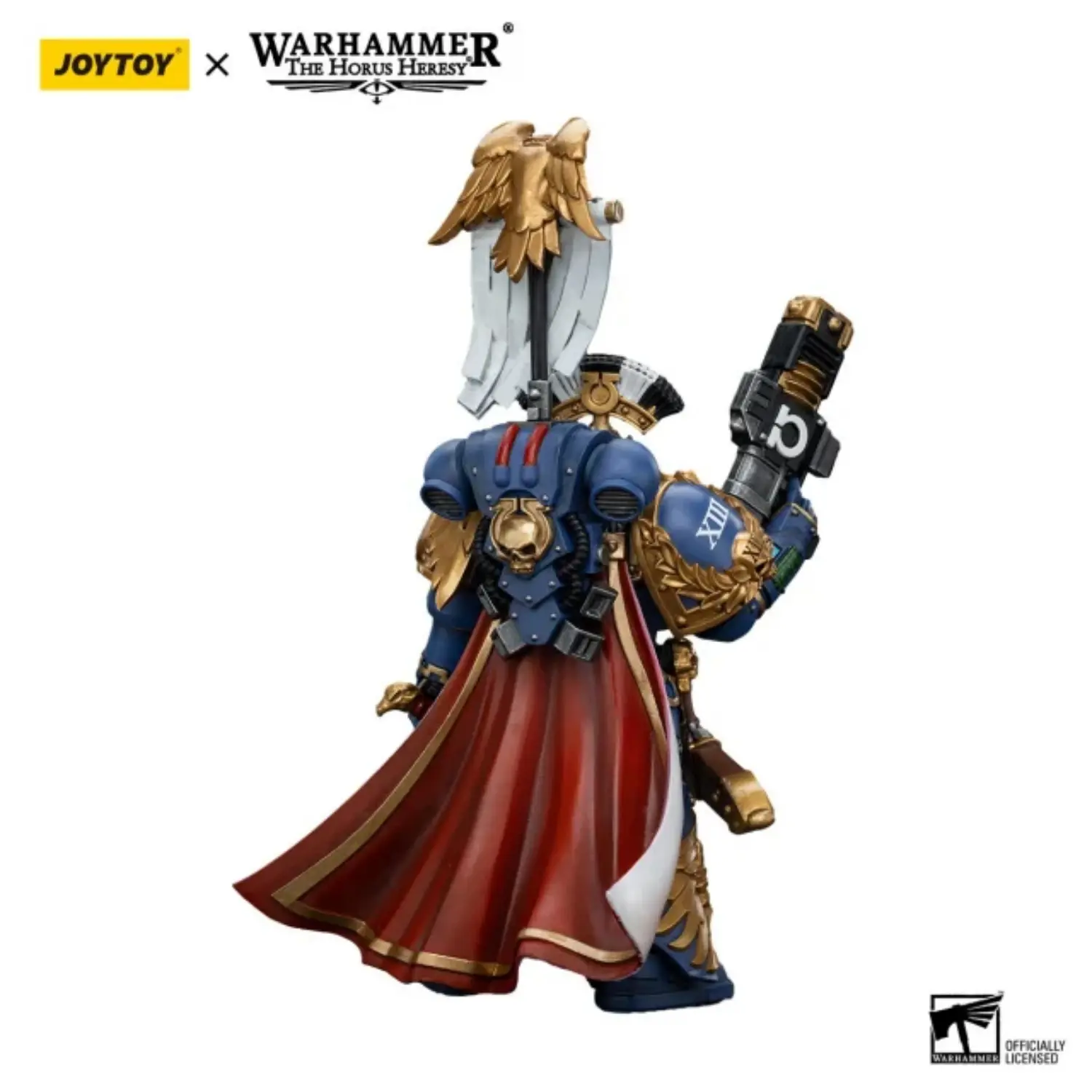 the back of the Action Figure - JOYTOY Ultramarines Legion Praetor with Power Sword and Volkite Serpenta 1 18 - Warhammer The Horus Heresy in white background