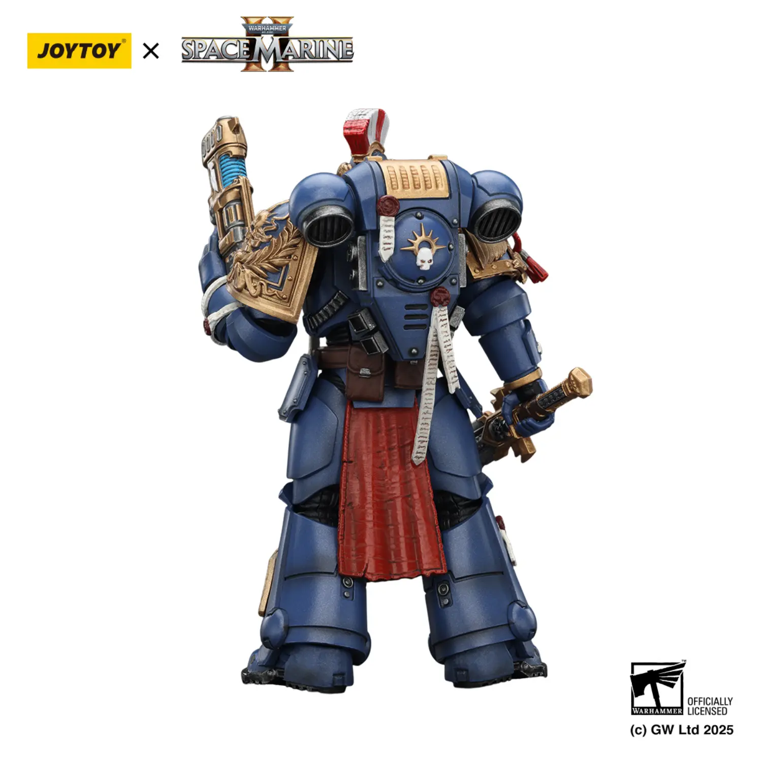 the back of the Action Figure - JOYTOY Ultramarines Relic Primus Armour with Plasma Pistol and Combat Blade 1 18 - Warhammer 40K in white background the back of the Action Figure - JOYTOY Ultramarines Relic Primus Armour with Plasma Pistol and Combat Blade 1 18 - Warhammer 40K in white background