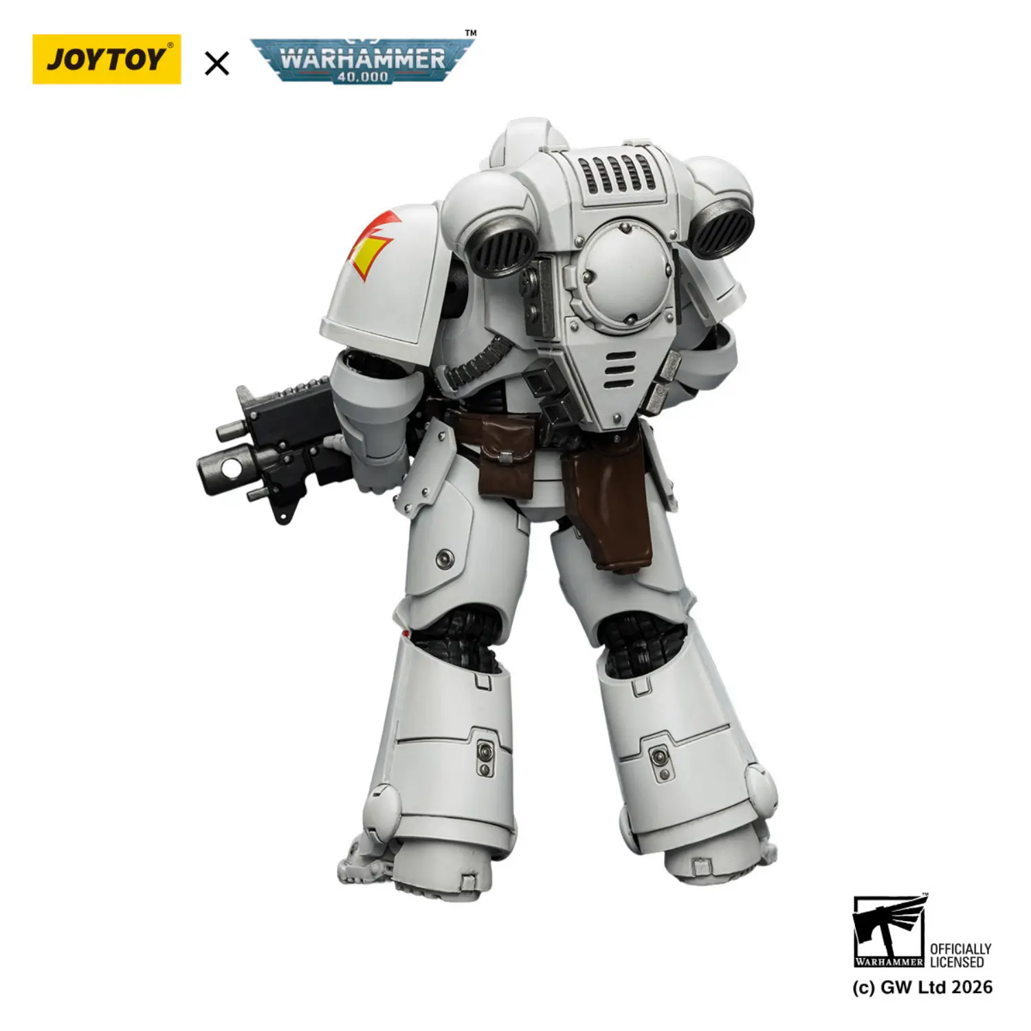 the back of the Action Figure - JOYTOY White Scars Intercessor with Bolt Rifle, Bolt Pistol and Chainsword 1 18 - Warhammer 40K in white background