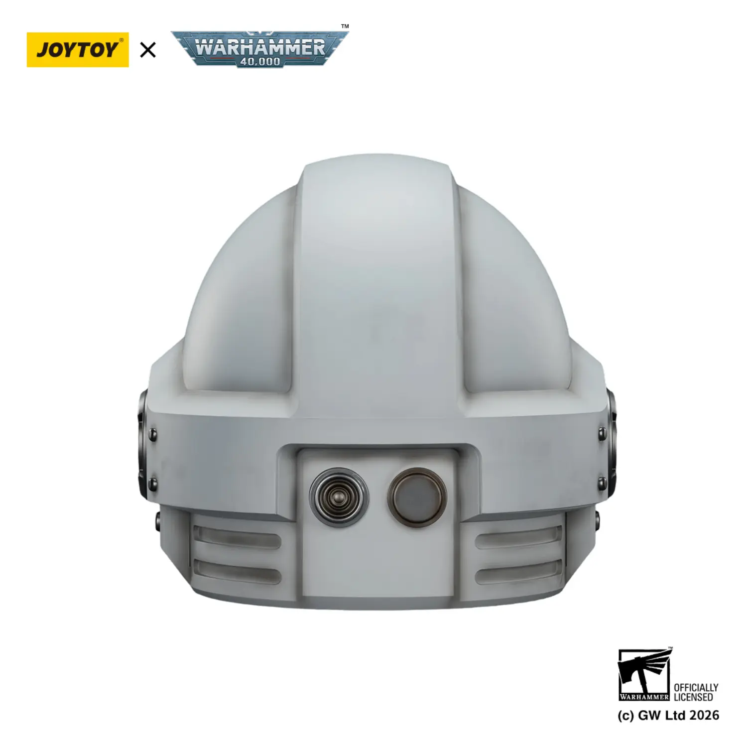 the back of the Action Figure - JOYTOY White Scars MkX Helmet 1 1 Life-Size Replica - Warhammer 40K in white background