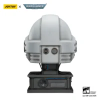 the back of the Action Figure - JOYTOY White Scars MkX Helmet & Display Stand 1 1 Life-Size Replica - Warhammer 40K in white background the back of the Action Figure - JOYTOY White Scars MkX Helmet & Display Stand 1 1 Life-Size Replica - Warhammer 40K in white background