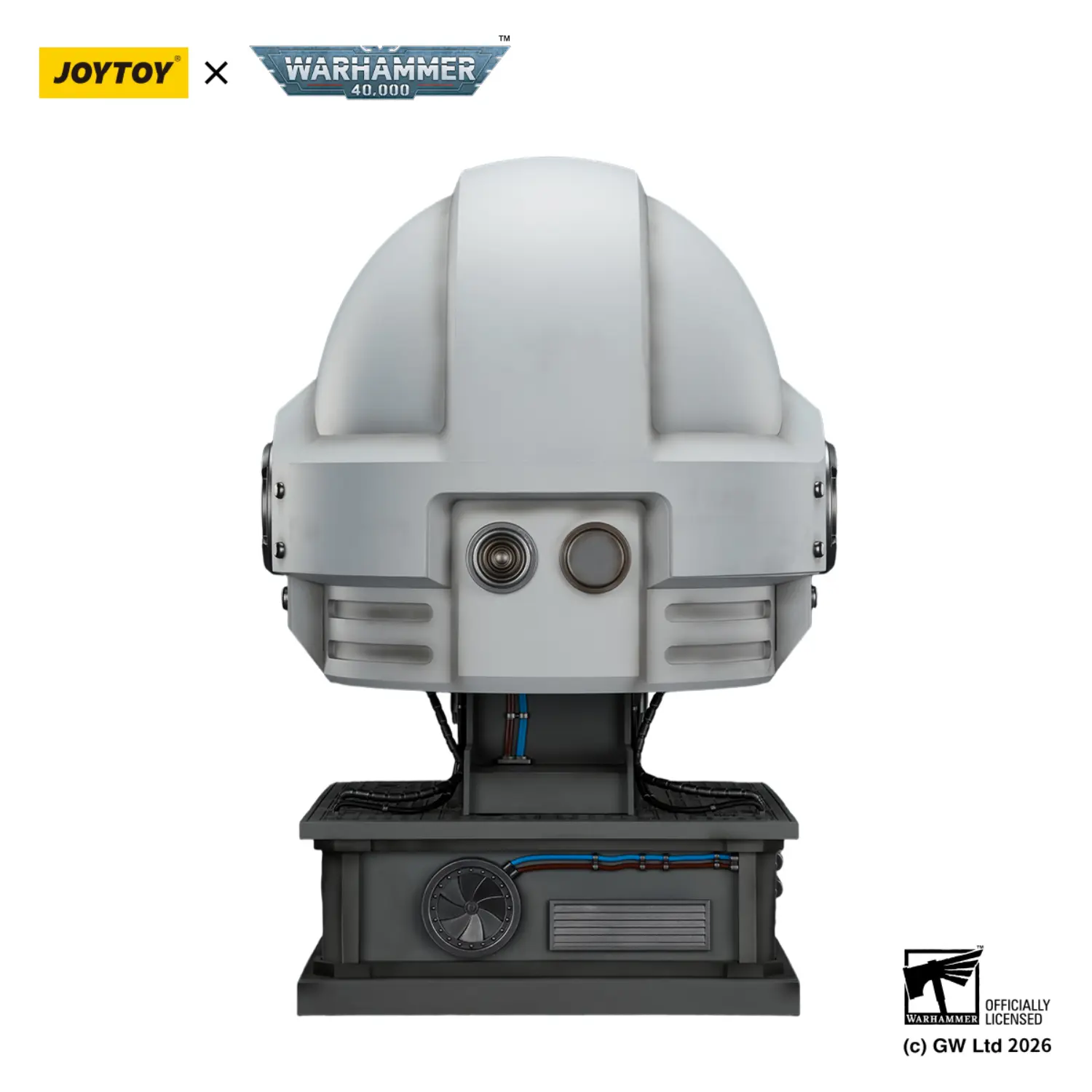the back of the Action Figure - JOYTOY White Scars MkX Helmet & Display Stand 1 1 Life-Size Replica - Warhammer 40K in white background the back of the Action Figure - JOYTOY White Scars MkX Helmet & Display Stand 1 1 Life-Size Replica - Warhammer 40K in white background