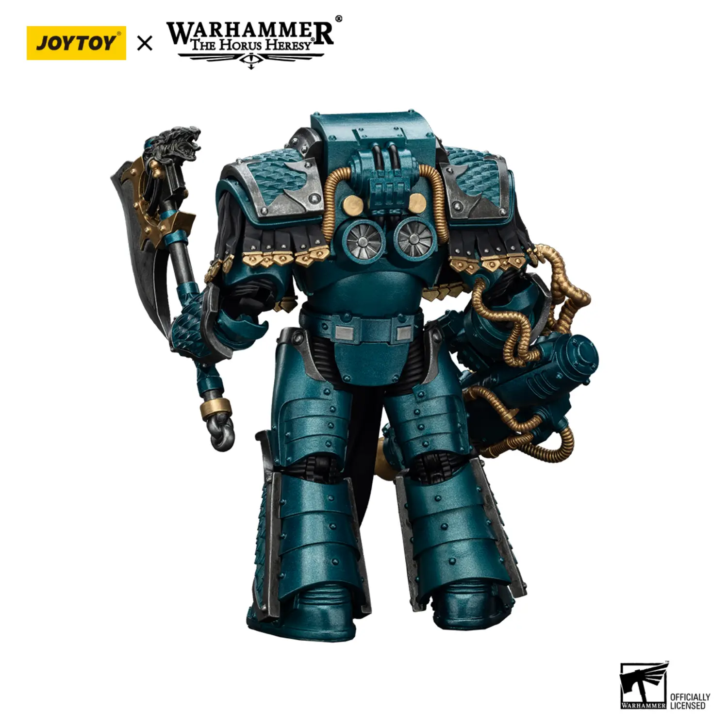 the back of the Action Figure - JoyToy Alpha Legion Lernaean Terminator with Conversion Beam Cannon 1 18 - Warhammer The Horus Heresy in white background
