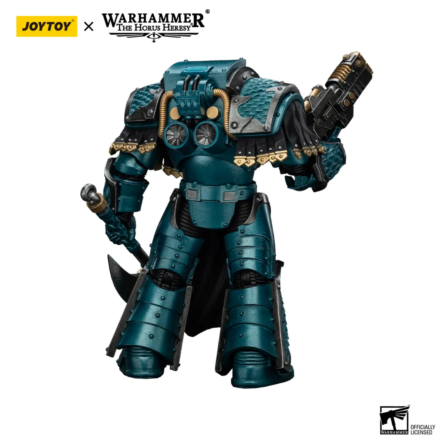 the back of the Action Figure - JoyToy Alpha Legion Lernaean Terminator with Volkite Charger 1 18 - Warhammer The Horus Heresy in white background the back of the Action Figure - JoyToy Alpha Legion Lernaean Terminator with Volkite Charger 1 18 - Warhammer The Horus Heresy in white background