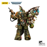 the back of the Action Figure - JoyToy Death Guard Biologus Putrifier with Injector Pistol and Hyper Blight Grenades 1 18 - Warhammer 40K in white background